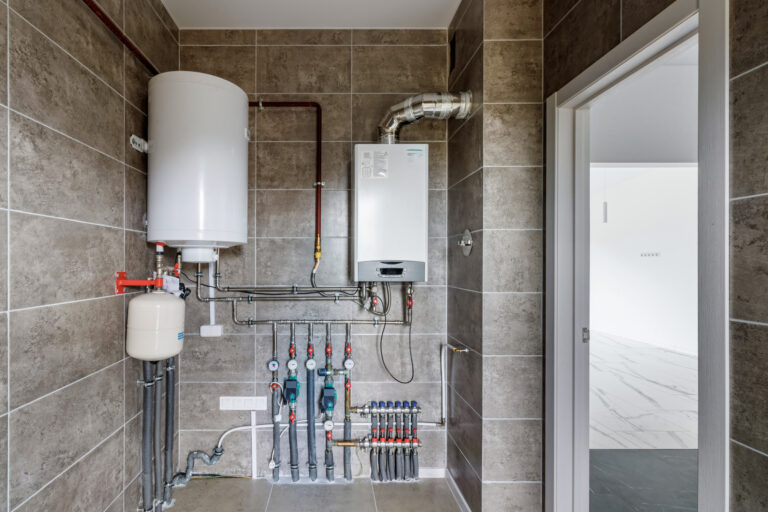 Copper valves, stainless ball valves, detectors of water pressure and plastic pipes of central heating system and water pipes with thermal insulation in the boiler room