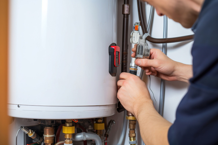 plumber repairs an electric hot water system